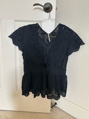 Free People Black Eyelet Peplum V-Neck Blouse